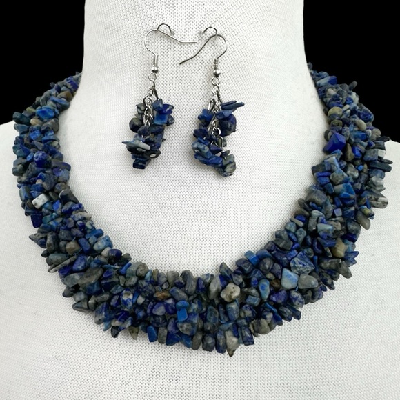 Lapis Lazuli Chip Stone Statement Necklace and Earrings Set - Picture 1 of 3